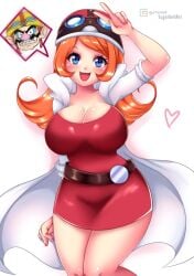 ass belt big_breasts blue_eyes girl goggles heart huge_ass huge_breasts lab_coat mona_(warioware) motorcycle_helmet orange_hair peace_sign red_dress smile smilling sugarbell thick_thighs v_sign wario warioware white_background