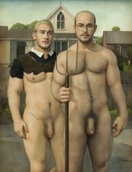 astra_zero body_hair classical_painting couple daddy farmer hairy_male male_only muscular_male naked pitchfork smooth_skinned_male standing