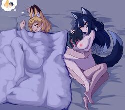 1boy 2girls animal_ears bed black_hair blonde_hair blue_hair blush boy_(17542438) female friends) grey_wolf_(kemono_friends) heterochromia kaban_(kemono_friends) kemono_friends male male_on_female monster_girl serval_(kemono_friends) sex sleeping tail