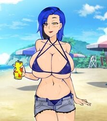 beach bikini blue_hair breasts drink highres ibispaintx iced_tea large_breasts original project_yaxor short_shorts shorts sun swimsuit twrlare water yellow_eyes