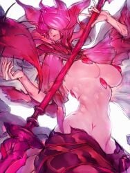 1girls belly belly_button big_breasts busty centipede_girl elden_ring female female_only fromsoftware fumio_(rsqkr) large_breasts lips monster naked nipple_covers nude pink_body pink_skin polearm romina_saint_of_the_bud scorpion_girl shadow_of_the_erdtree tagme tummy weapon
