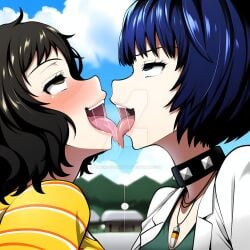 ai_generated blue_hair blush brown_hair choker doctor french_kissing goth_girl kissing lab_coat labcoat persona persona_5 powerhouserift sadayo_kawakami tae_takemi teacher tongue_kiss tongue_touching_another's_tongue tongues_touching yuri