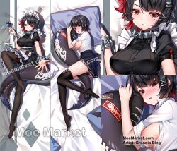 black_dress black_hair black_pantyhose breasts dakimakura_(medium) dress ellen_joe female fins fish_tail large_breasts open_mouth pantyhose shark_girl shark_tail shirt solo tail white_shirt zenless_zone_zero