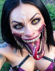 ai_generated cum_face cum_on_face facial_cumshot long_tongue mileena mileena_(cosplay) mortal_kombat selfie sharp_teeth teeth_showing