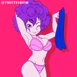 2d 2d_animation afro animated animated_gif armpits arms_up blue_eyes bouncing_breasts bra dragon_ball dragon_ball_(classic) female female_only frilled_bra frilled_panties gif large_breasts lingerie navel panties pink_bra pink_panties purple_eyes purple_hair ranfan shounen_jump solo tagme twistedgrim undressing