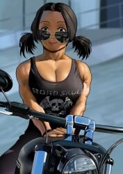 arung_samudra_(cessa) athletic_female big_ass big_breasts black_hair black_pants black_shirt blue_eyes blurry_background cessa cleavage curvy curvy_female curvy_figure cute dark-skinned_female dark_skin hands_together large_breasts motorcycle muscle muscles muscular muscular_arms muscular_female short_hair sunglasses twintails voluptuous voluptuous_female