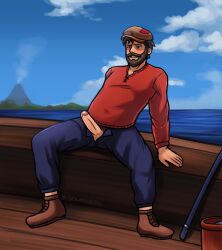 1boy 2021 bara beard blue_pants boat boots brown_hair clothed clothed_male clouds exposed_penis fishing gay hat leaning_back male male_only ocean ocean_background older_male open_mouth pants penis penis_out red_shirt shirt solo solo_male soupyeel stardew_valley thick_penis volcano willy_(stardew_valley) wooden_floor