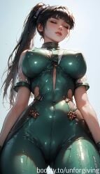 ai_generated bodysuit breasts covered_nipples eve_(stellar_blade) female green_bodysuit nipples