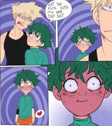 2boys bakugou_katsuki blush boner boner_in_pants english_text erection_under_clothes freckles gay green_eyes green_hair heart izuku_midoriya katsuki_bakugou male male/male malesub midoriya_izuku my_hero_academia speech_bubble spiky_hair yaoi