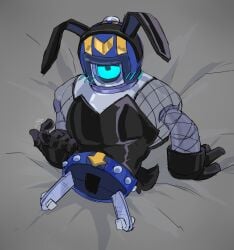 1cuntboy blue_eyes blush brawl_stars bunny_ears bunnysuit cuntboy helmet looking_at_viewer on_bed one_eye robot solo solo_focus stu_(brawl_stars) supercell