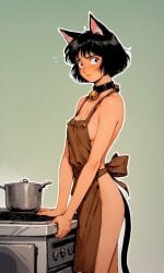 ai_generated black_hair cat_girl catgirl catgirl_tail female kitchen naked_apron tagme