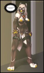 anthro bite_mark blood bodily_fluids breasts canid canine collar excitedcargoyle female hi_res looking_at_viewer mammal nipple_piercing nipples piercing pussy solo standing wide_hips