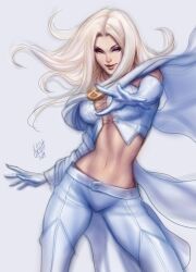 1girls blonde_hair blue_eyes cape clothed emma_frost female female_only looking_at_viewer marvel marvel_comics sfw standing white_cape white_clothing white_queen x-men