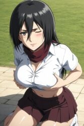 ai_generated aindroidparanoid ass ass attack_on_titan black_eyes black_hair breasts grabbing_own_breast huge_ass huge_breasts huge_butt large_breasts long_hair mikasa_ackerman narrow_waist park red_scarf scarf school_uniform schoolgirl shingeki_no_kyojin shirt sitting skirt stable_diffusion straight_hair touching_breast white_skin