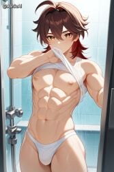 abs ai_generated anime_style ashieai bathroom biceps gaming_(genshin_impact) genshin_impact hunk male_only muscles muscular muscular_male naked naked_male pecs red_hair smooth_skin wet wet_shirt white_bikini_bottom white_shirt