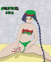 blue_hair bra brainwashing candy candy_cane candy_cane_dildo candy_cane_insertion elf_costume hypnosis long_hair mind_control mole panties panties_aside ponytail pussy ringed_eyes scissor_seven smile temperancedraws thirteen_(scissor_seven) vaginal_penetration very_long_hair