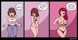 before_and_after bikini_bottom bimbofication blush brown_hair comic dialogue erect_nipples femsub hair_growth original piercing red_hair sketch sortimid text topless transformation undressing