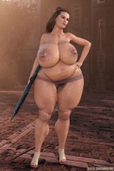 1girls 3d bbw big_breasts breasts brown_hair fat female grimmspring gun high_heels nipples overweight overweight_female platform_heels solo thick_thighs thunder_thighs wide_hips