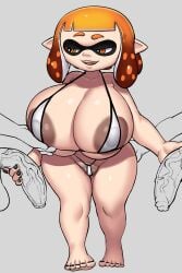 1girls 2boys bikini breasts charlie_(grey_impact) female grey_impact height_difference huge_breasts inkling inkling_girl large_breasts male micro_bikini nintendo nipples orange_hair penis short_hair shortstack splatoon splatoon_(series) tentacle_hair uncensored unseen_male_face useless_clothing