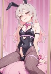 1boy ai_generated blush erection femboy jouthechou long_hair onii-chan_wa_oshimai! oyama_mahiro penis playboy_bunny rabbit_hole_(cosplay) testicles