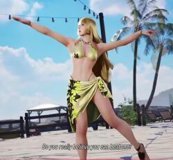 1girls 3d beach bikini blonde_hair breasts emilie_de_rochefort female female_only fully_clothed gameplay gameplay_screenshot long_legs namco screencap shoes solo tekken tekken_8 thick_thighs thighs