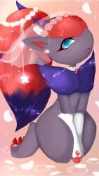 1girl blue_eyes elbow_gloves female female_only gem gloves kneeling kneeling_down kneeling_female meekax_x pokemon pokemon_(species) red_hair ruby white_gloves zoroark