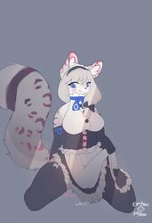 2019 accessory anthro armwear blue_eyes blush bodily_fluids braided_hair breasts clothing corset countershading dipstick_ears egg_vibrator elbow_gloves electrycpynk felid feline female fur genital_fluids gloves grey_fur grey_hair hair hair_ribbon hairbow handwear headband hi_res inner_ear_fluff kneeling legwear lingerie looking_at_viewer maid_uniform mammal masturbation multicolored_ears multicolored_fur pantherine penetration pussy_juice pussy_juice_on_floor pussy_juice_string ribbons rosettes sex_toy signature simple_background smile snow_leopard solo thigh_highs uniform vaginal_masturbation vaginal_penetration vaginal_penetration vibrator white_countershading white_fur