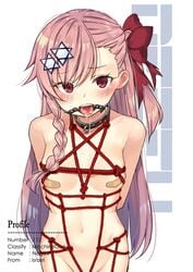 arms_behind_back bandaid bandaids_on_nipples bangs blush bondage bound bow braid breasts character_name collar drooling eyebrows_visible_through_hair female femsub gag girls'_frontline goyain groin hair_between_eyes hair_ornament hair_ribbon hairbow hairclip hexagram long_hair looking_at_viewer negev_(girls_frontline) nude one_side_up open_mouth open_mouth_gag pasties pink_hair red_bow red_eyes restrained ribbon ring_gag rope solo star_of_david tongue tongue_out