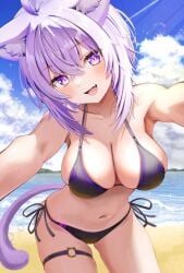 1girls beach bikini blush breasts cat_ears cat_tail fangs hololive hololive_japan neko neko_tail nekomata_okayu nekomimi oerba_yun_fang oppai purple_eyes purple_hair sand shoulder_length_hair solo torakichi_888 virtual_youtuber