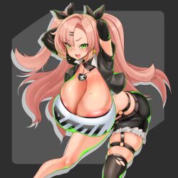 1girls arms_behind_head big_breasts boob_window breasts cleavage green_eyes long_hair looking_at_viewer pink_hair thighhighs thighs zabutonnexactly zenless_zone_zero