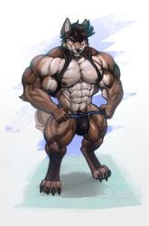 abs absurd_res anthro biceps big_muscles black_claws blue_eyes bulge canid canine canis claws clothed clothing clothing_lift detailed_bulge digital_media_(artwork) digital_painting_(artwork) digitigrade domestic_dog erection erection_under_clothing flexing genital_outline hair hi_res huge_muscles husky jockstrap looking_at_viewer looking_up looking_up_at_viewer male mammal multicolored_body muscular muscular_anthro muscular_legs muscular_male muscular_thighs nordic_sled_dog paul_(majin764) pecs penis_outline pose rizzyofen shirt shirt_in_mouth shirt_lift smile smirk solo spitz tenting topless topwear underwear