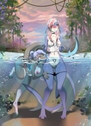 absurd_res anthro ass big_breasts blush bodily_fluids breasts clothed clothing digital_media_(artwork) duo felin666 female female/female fish genital_fluids genitals hair hi_res karoshi_satan marine nipples nude penetration pussy sex shark tail vaginal_penetration wet