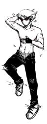 1boy 1boys blonde_hair blonde_hair_male body_pillow body_pillow_design clothed dakimakura dakimakura_design dirk_strider flushed_a_frog flushedafrog glasses homestuck jeans male male_focus monochrome partially_clothed partially_clothed_male ripped_jeans scars shades short_hair short_hair_male solo_male spiky_hair sunglasses top_surgery_scars torn_jeans underwear