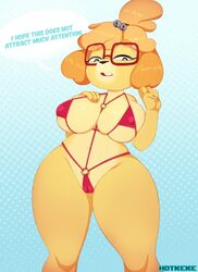 animal_crossing anthro bikini biped breasts cameltoe canid canine canis clothing dialogue domestic_dog english_text female front_view fur furry hi_res hotkeke isabelle_(animal_crossing) mammal nintendo nipple_bulge pattern_background pokies portrait red_clothing red_underwear shih_tzu simple_background solo standing swimwear text three-quarter_portrait toy_dog underwear video_games wide_hips yellow_fur