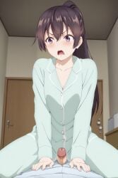 ai_generated big_breasts brother_and_sister brown_hair censored censored_penis cowgirl_position erection good_morning_my_brother incest kuze_masachika looking_at_viewer nahito_koketsu naughty_face pajamas penis_out ponytail pov purple_eyes suou_yuki tokidoki_bosotto_russian_de_dereru_tonari_no_alya-san