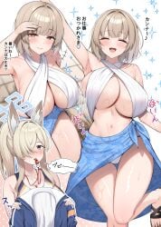 2girls absurdres animal_ear_fluff animal_ears arm_up armpits bare_arms bare_shoulders bikini blonde_hair blue_archive blue_eyes blue_halo blush breasts cleavage closed_eyes closed_mouth collarbone competition_swimsuit dog_ears extra_ears female_sensei_(blue_archive) hair_over_one_eye halo highres kanna_(blue_archive) kanna_(swimsuit)_(blue_archive) large_breasts light_brown_hair long_hair multiple_girls multiple_views navel official_alternate_costume one-piece_swimsuit one_eye_closed open_mouth sandals sensei_(blue_archive) short_hair smile suzutarou_gunsou swimsuit toes translated wet whistle whistle_around_neck white_bikini white_one-piece_swimsuit yellow_eyes