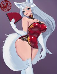 1girls 2018 anno_dorna anthro ass ausar big_ass big_breasts bimbo blue_eyes breasts canine china_dress chinese_clothes dclzexon dog_ears dog_girl dog_tail eyeshadow fan female fenoxo large_hips lipstick long_hair looking_at_viewer makeup solo tail trials_in_tainted_space white_fur white_hair