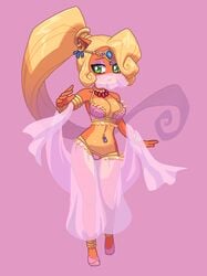 1girls 2018 anthro anthro_only bandicoot belly_dancer big_breasts black_nose blonde_hair breasts busty coco_bandicoot crash_(series) eyelashes female fur hair harem_outfit kempferzero large_breasts long_hair looking_at_viewer mammal marsupial midriff multicolored_fur naughty_dog navel navel_piercing orange_fur piercing ponytail simple_background solo sony_corporation sony_interactive_entertainment video_games