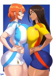 2girls absurd_res argentina ass asymmetrical_docking blue_eyes breast_press breasts brown_eyes brown_hair colombia-chan_(lxdart) conmebol copa_america copa_america_2024 dark-skinned_female dark_hair dark_skin female female_only hi_res jenn_(parvad) large_breasts light-skinned_female light_skin looking_at_another orange_hair original original_character pale-skinned_female pale_skin parvad soccer thick_thighs thighs