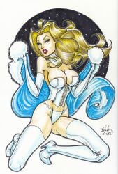 1girls blonde_hair blue_eyes cameron_blakey clothed emma_frost female female_only fur fur_coat heels marvel marvel_comics squatting traditional_media_(artwork) white_clothing white_queen x-men