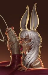 1boy 1girls 2022 bunny_ears commission cum cum_on_face cum_on_penis cumshot dark-skinned_female dark_skin executephase eyes_mostly_closed female female_focus final_fantasy final_fantasy_xiv hi_res horsecock licking licking_penis long_hair male oral penis red_skin viera white_hair