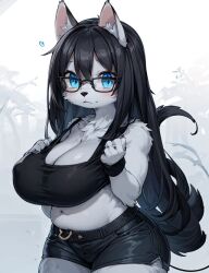 1girls :3 ai_generated belly_button big_breasts black_hair blue_eyes clothing erect_nipples erect_nipples_under_clothes eyebrows_visible_through_hair female female_only furry furry_only genderswap_(mtf) lacachona locochon long_hair messirve pngtuber pov purple_eyes rule_63 shorts tail virtual_youtuber vtuber youtube youtube_hispanic