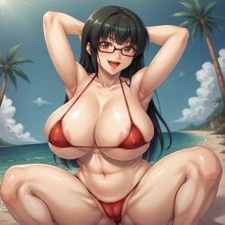 ai_generated beach belly belly_button big_breasts bikini black_hair breasts brown_eyes cameltoe cara_the_blood_lord cowboy_shot curvy curvy_body curvy_female curvy_figure female female_focus female_only glass hands_behind_head highres huge_breasts kitae_uehara large_breasts lilith-soft lips lipstick long_hair looking_at_viewer micro_bikini nipples nipples_visible_through_clothing ocean outdoors palm_tree pussy shiny_hair shiny_skin sky smile smiling_at_viewer squatting squatting_cowgirl_position sweating taimanin_(series) teacher thick_thighs thighs voluptuous voluptuous_female