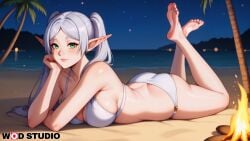 ai-created ai_generated ass bangs bare_legs bare_shoulders barefoot beach bikini blush breasts campfire cleavage closed_mouth clothing elf feet feet_up female female female_only frieren green_eyes grey_hair large_breasts legs long_hair looking_at_viewer lying night night_sky ocean on_side on_stomach outdoors palm_tree pointed_ears ponytail sand sky smile soles solo sousou_no_frieren swimsuit the_pose thighs tied_hair toes tree twintails water white_bikini white_hair white_swimsuit wodstudio