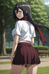 ai_generated aindroidparanoid ass attack_on_titan black_eyes black_hair breasts from_behind huge_ass huge_breasts huge_butt large_breasts long_hair mikasa_ackerman narrow_waist park school_uniform schoolgirl shingeki_no_kyojin shirt showing_ass skirt stable_diffusion straight_hair white_skin