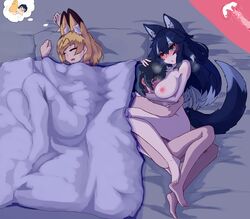 1boy 2girls animal_ears bed black_hair blonde_hair blue_hair blush boy_(17542438) female grey_wolf_(kemono_friends) heterochromia kaban_(kemono_friends) kemono_friends male male_on_female monster_girl serval_(kemono_friends) sex sleeping tail x-ray