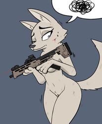 2019 4_fingers anthro blood blue_eyes bodily_fluids breasts canid canine canis cheek_tuft disney eyebrows eyelashes female fox fur gun holding_object holding_weapon inner_ear_fluff josun laser_sight mammal neck_tuft nude one_eye_closed pussy ranged_weapon rifle scratch simple_background skye_(zootopia) small_breasts solo speech_bubble standing sweat tuft weapon white_fur wince zootopia