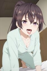 ai_generated big_breasts brother_and_sister brown_hair cowgirl_position cum_in_mouth cum_on_tongue incest looking_at_viewer nahito_koketsu naughty_face open_mouth pajamas ponytail pov purple_eyes suou_yuki tokidoki_bosotto_russian_de_dereru_tonari_no_alya-san