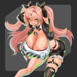 1girls arms_behind_head big_breasts big_nipples boob_window breasts cleavage erect_nipples green_eyes long_hair looking_at_viewer nipple_bulge nipples nipples_visible_through_clothing no_bra pink_hair thighhighs thighs zabutonnexactly