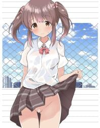 1girl absurdres ass_visible_through_thighs bar_censor blue_sky blush border bow bowtie breasts brown_eyes brown_hair brown_skirt censored chain-link_fence cityscape clothes_lift cloud collared_shirt commentary_request cowboy_shot dress_shirt fence gradient_sky hair_bow highres idolmaster idolmaster_cinderella_girls lifting_own_clothes looking_at_viewer medium_breasts medium_hair ogata_chieri ohana._(user_jhpk8322) outdoors outside_border pink_bow plaid_clothes plaid_skirt pleated_skirt pussy red_bow red_bowtie see-through_clothes see-through_shirt shirt short_sleeves short_twintails sidelocks skirt skirt_lift sky smile solo standing thighs twintails white_border white_shirt